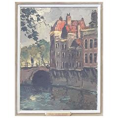 Gerhard Cohn Roemers Painting, Oil on Canvas, Canal Scene Near Grote Market