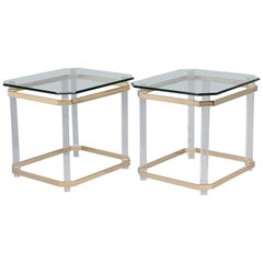 Pair Mid Century Lucite Brass and Glass Side Tables