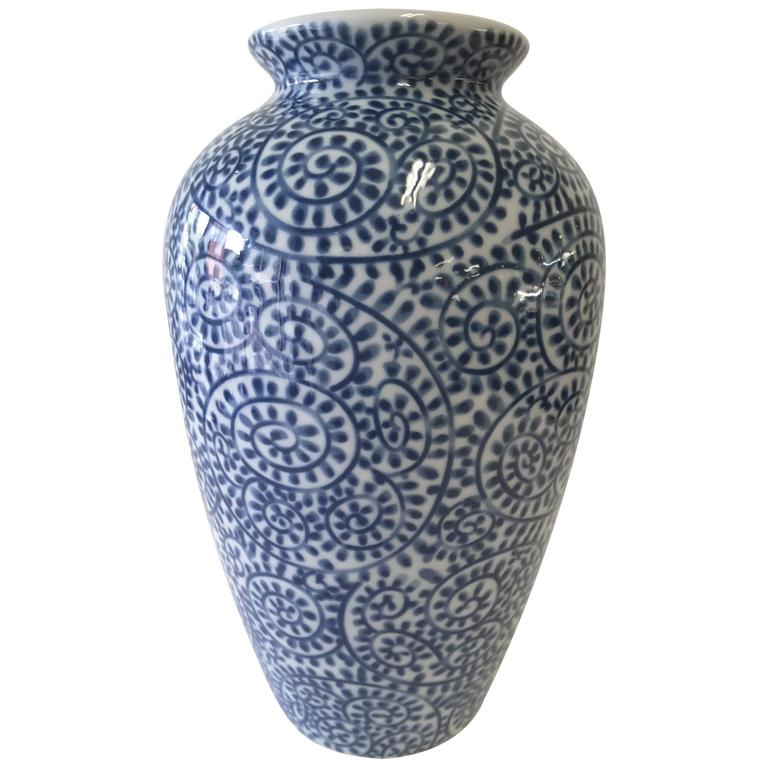 Japanese Blue and White Porcelain Hand Decorated Vase, “Tako Karakusa