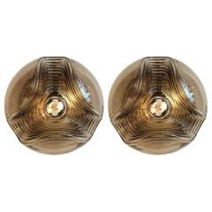 Pair of Large Smoked Glass 1960s Peill and Putzler Ceiling Wall Lights