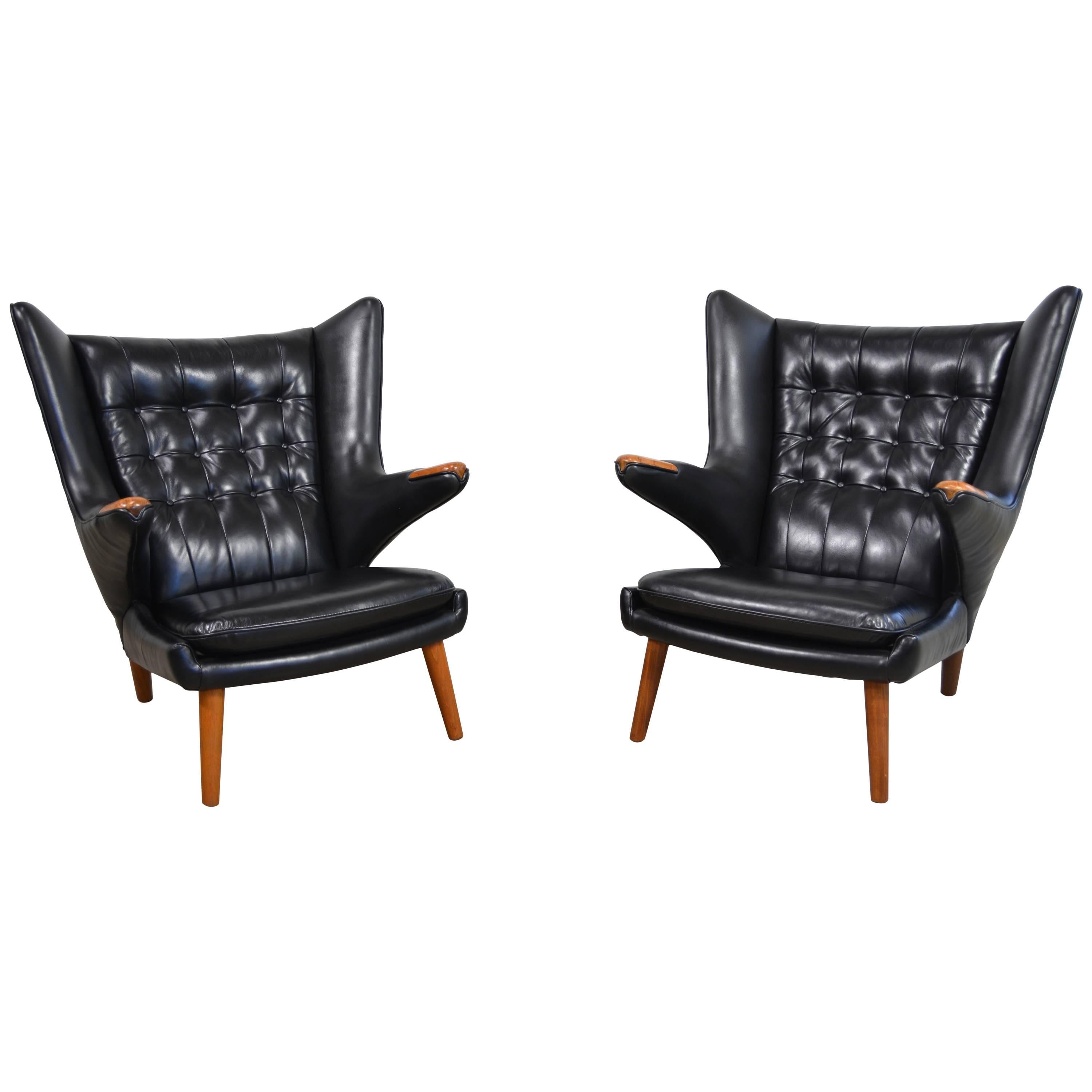 Hans Wegner Pair of Papa Bear Chairs Black Leather For Sale