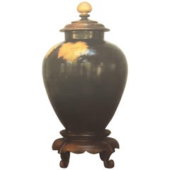 "JIZHOU" Song Style Large Black-Brown Glazed Jar on a Wood Footed Base with Top