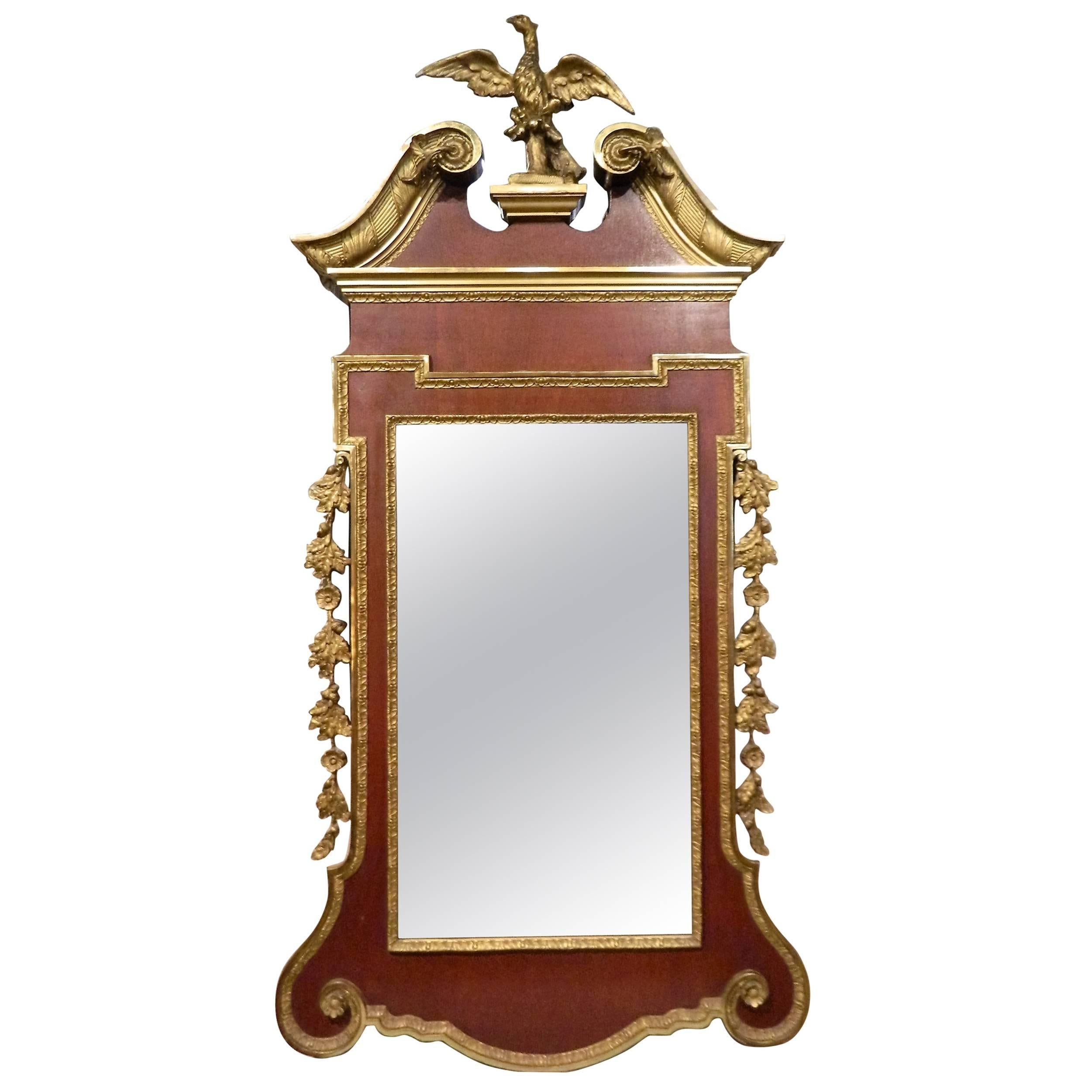 George II Style Mahogany and Gilt Mirror and Phoenix Finial, 19th Century