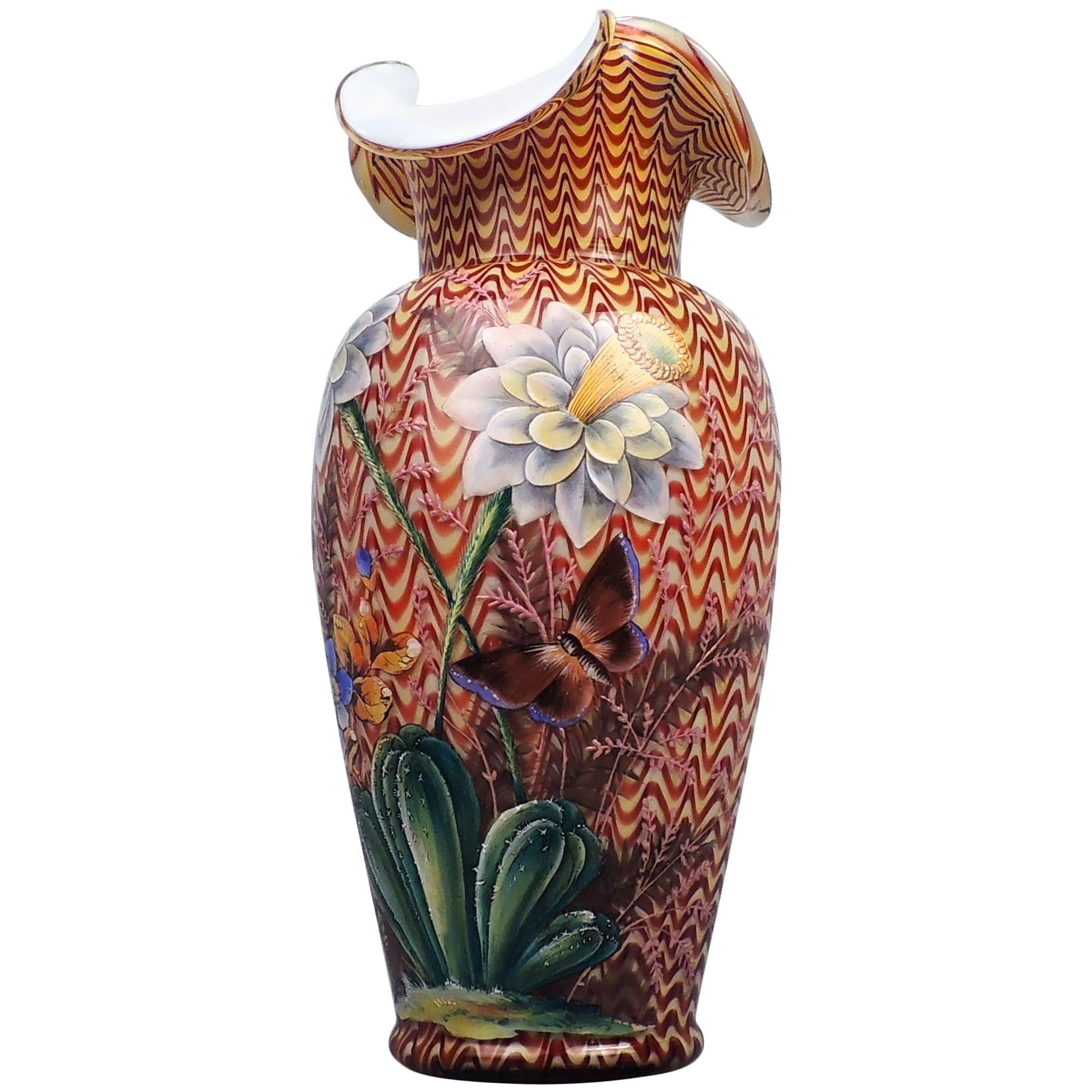 English Victorian Art Glass Vase with Enameled Flowers by Stevens & Williams