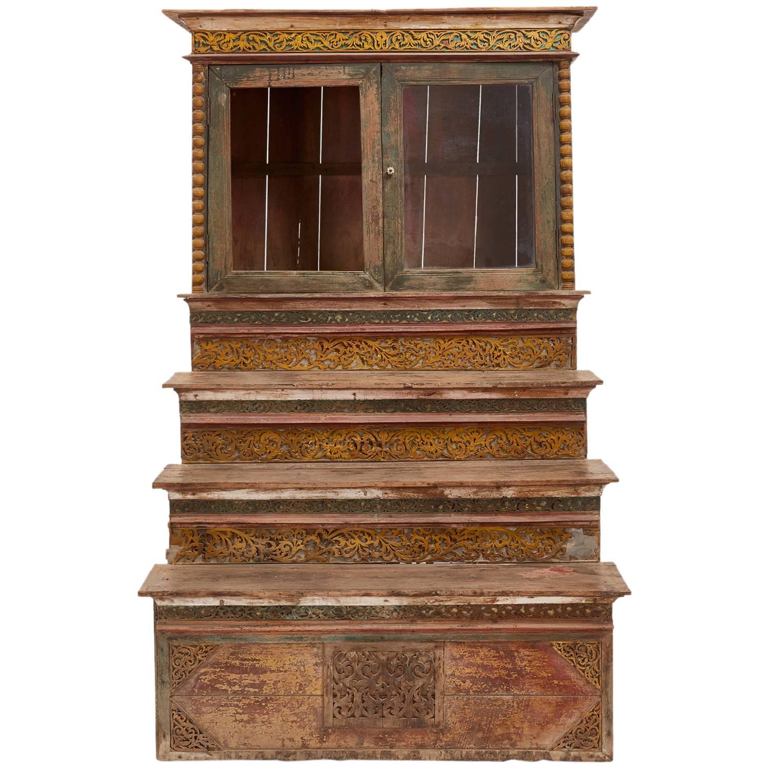 Antique Thai Early 20th Century Large Wooden Display Cabinet For Sale