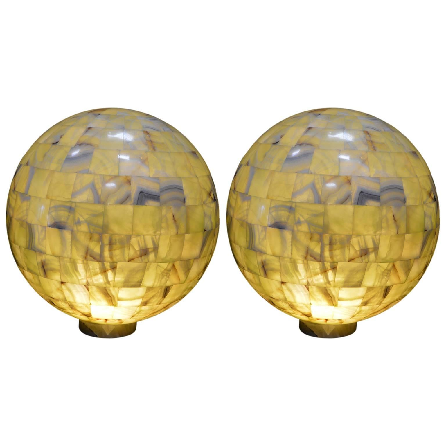 Pair of Green Onyx Globe Lights