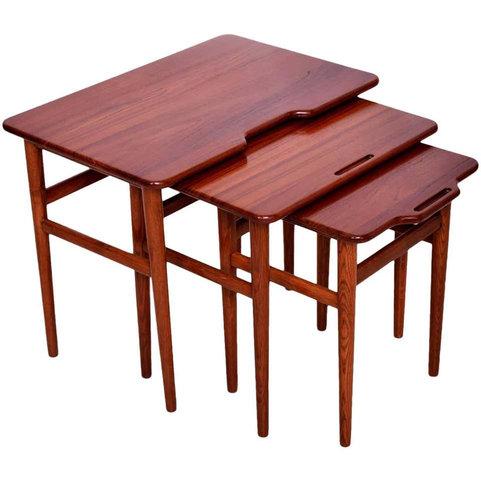 Set of Three Mid-Century Walnut Triangular Nesting Tables at 1stdibs