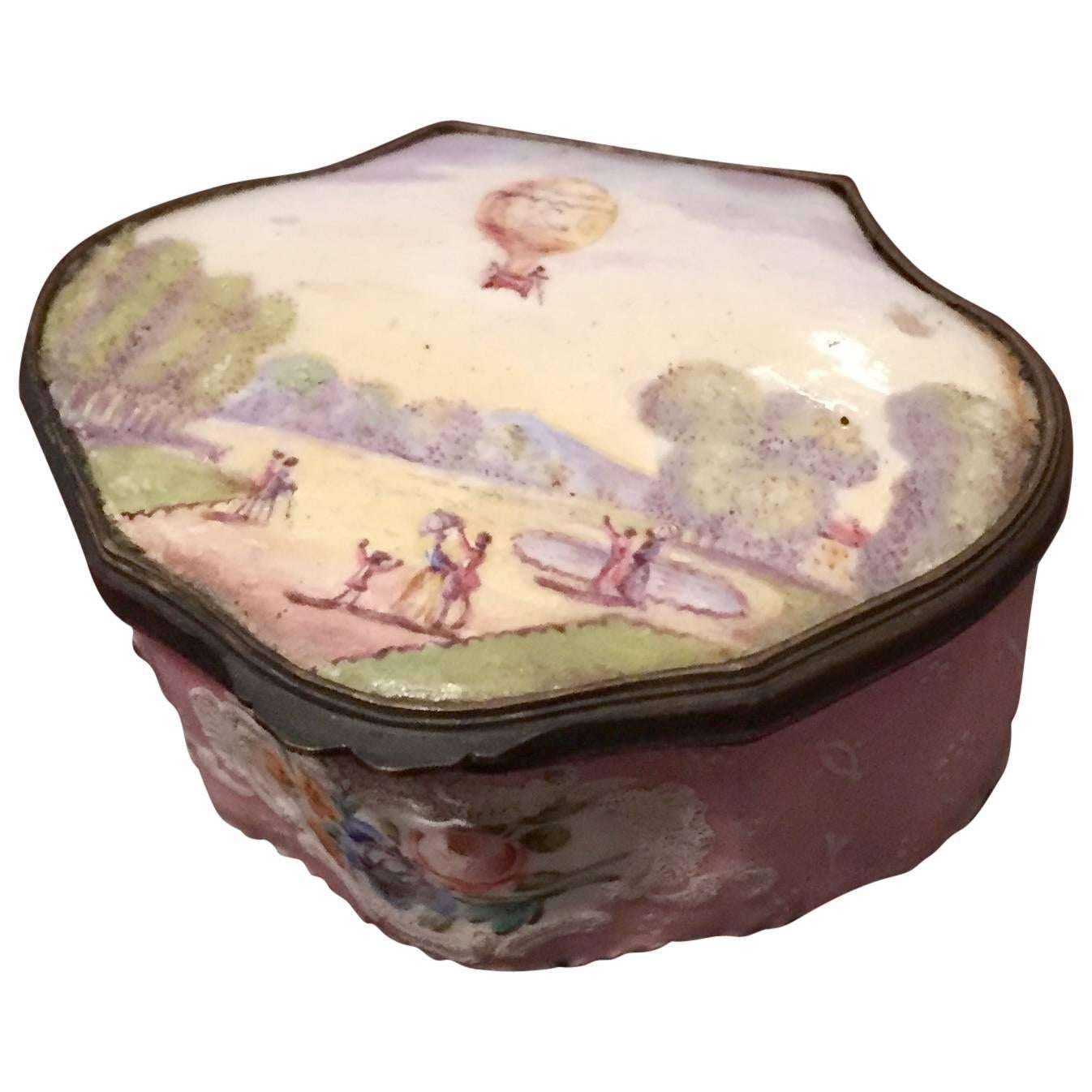 French "Ballooning" Theme Enamel Snuff Box For Sale