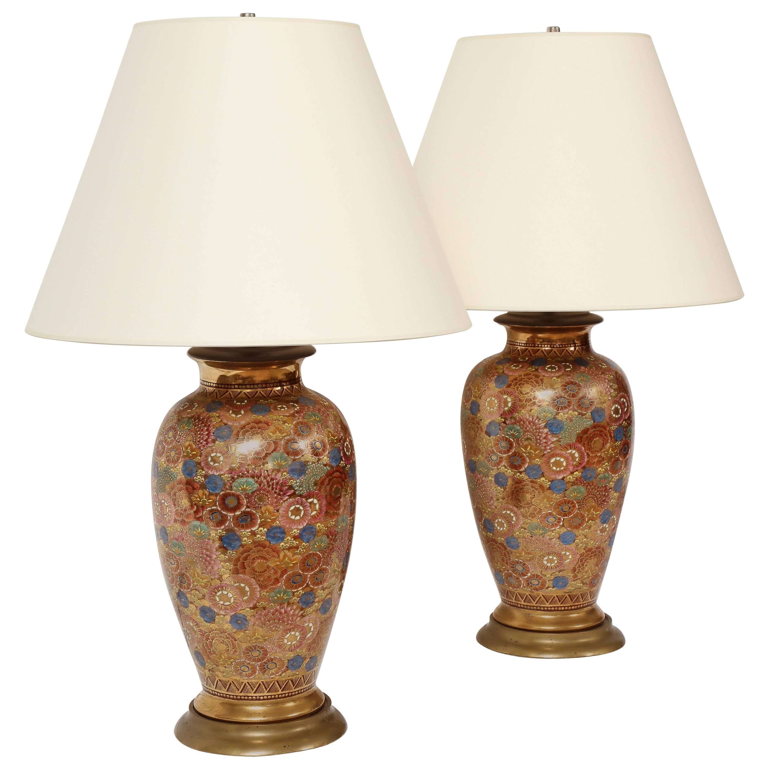 Pair of Chinese Thousand Flower Porcelain Lamps, circa 1920