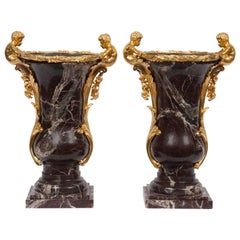 Pair of French Gilt Bronze Ormolu-Mounted Marble Vase