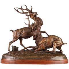 Groupe en bronze "Combat de cerfs" par Édouard-Paul Delabrièrre