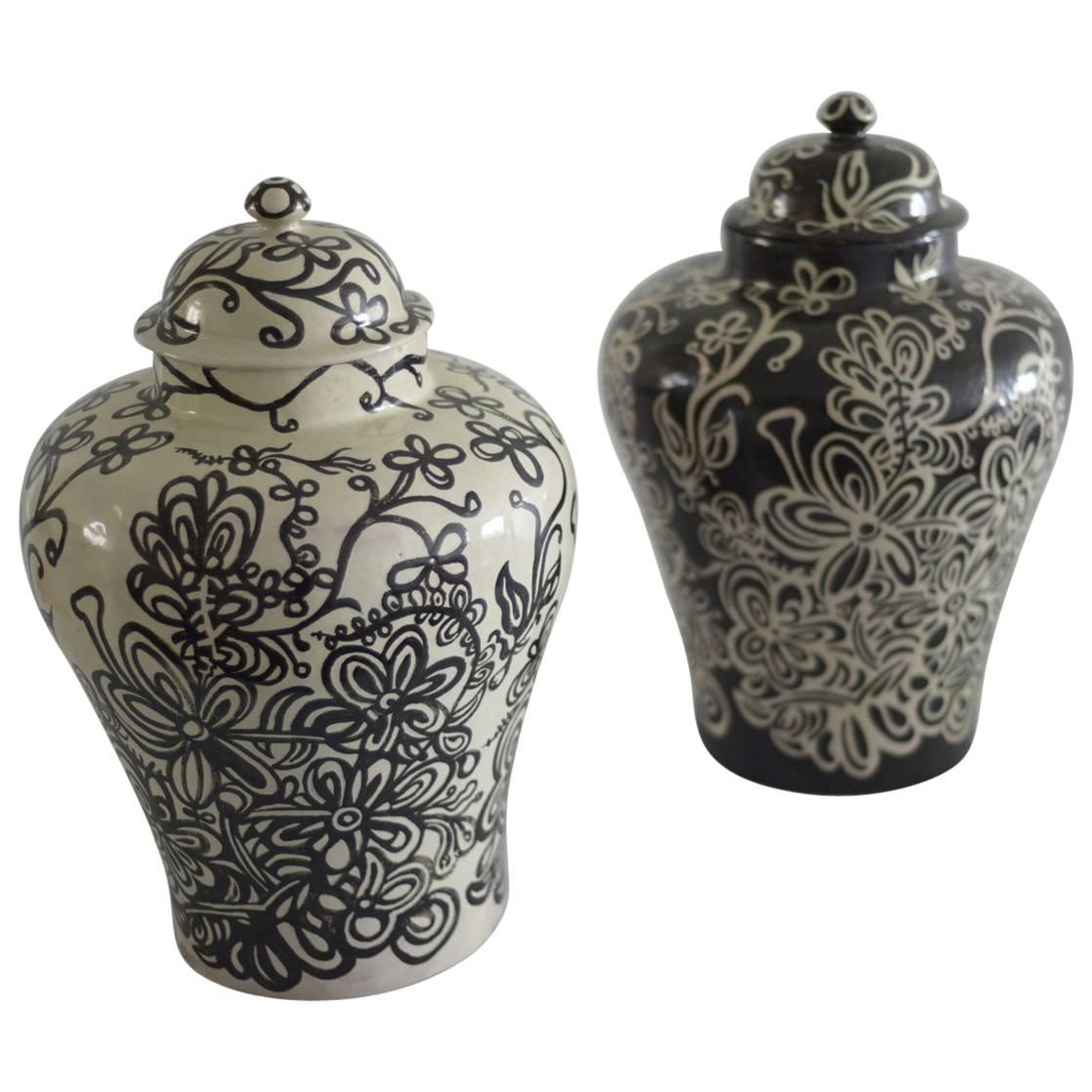 Pair of Black and White Talavera Vases by Carlos Arias For Sale