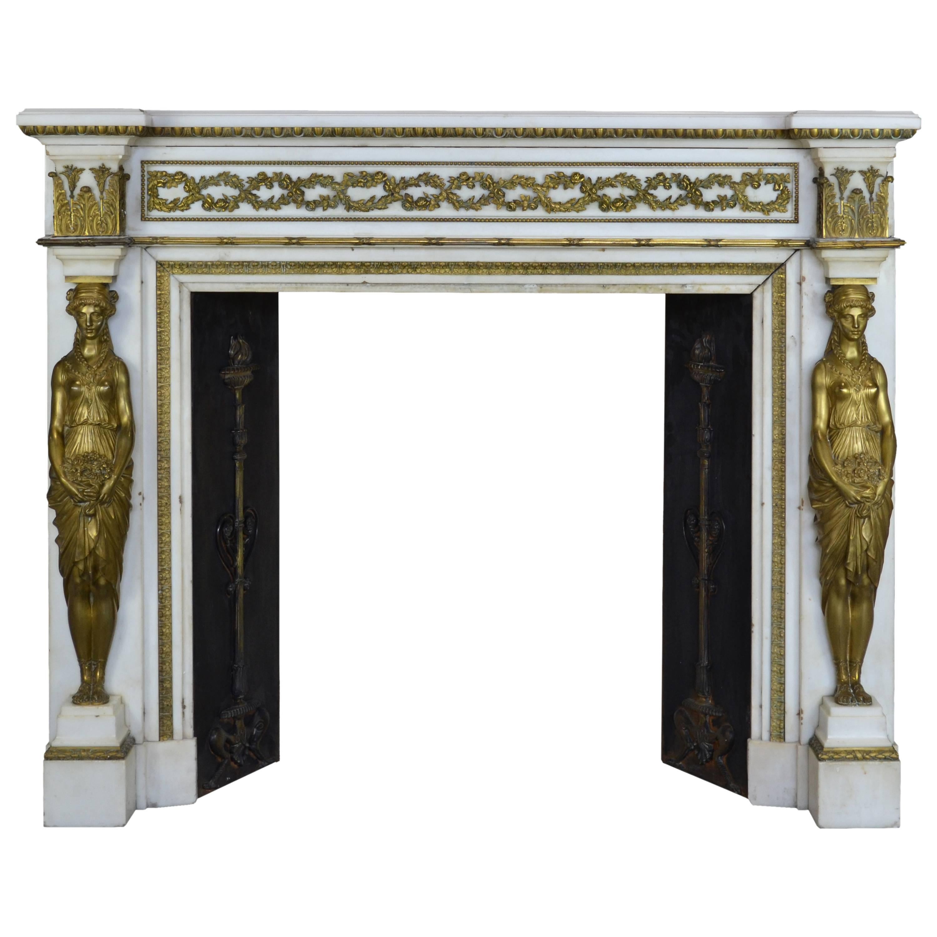 19th Century French Empire Style Mantel in Statuary and Brass For Sale