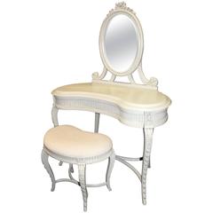 French Painted Carved Wood Kidney Shaped Dressing Table with Mirror and Stool