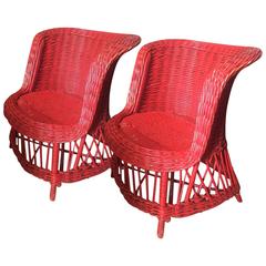 Pair of Red Wicker 1950s Armchairs or Deck Chairs
