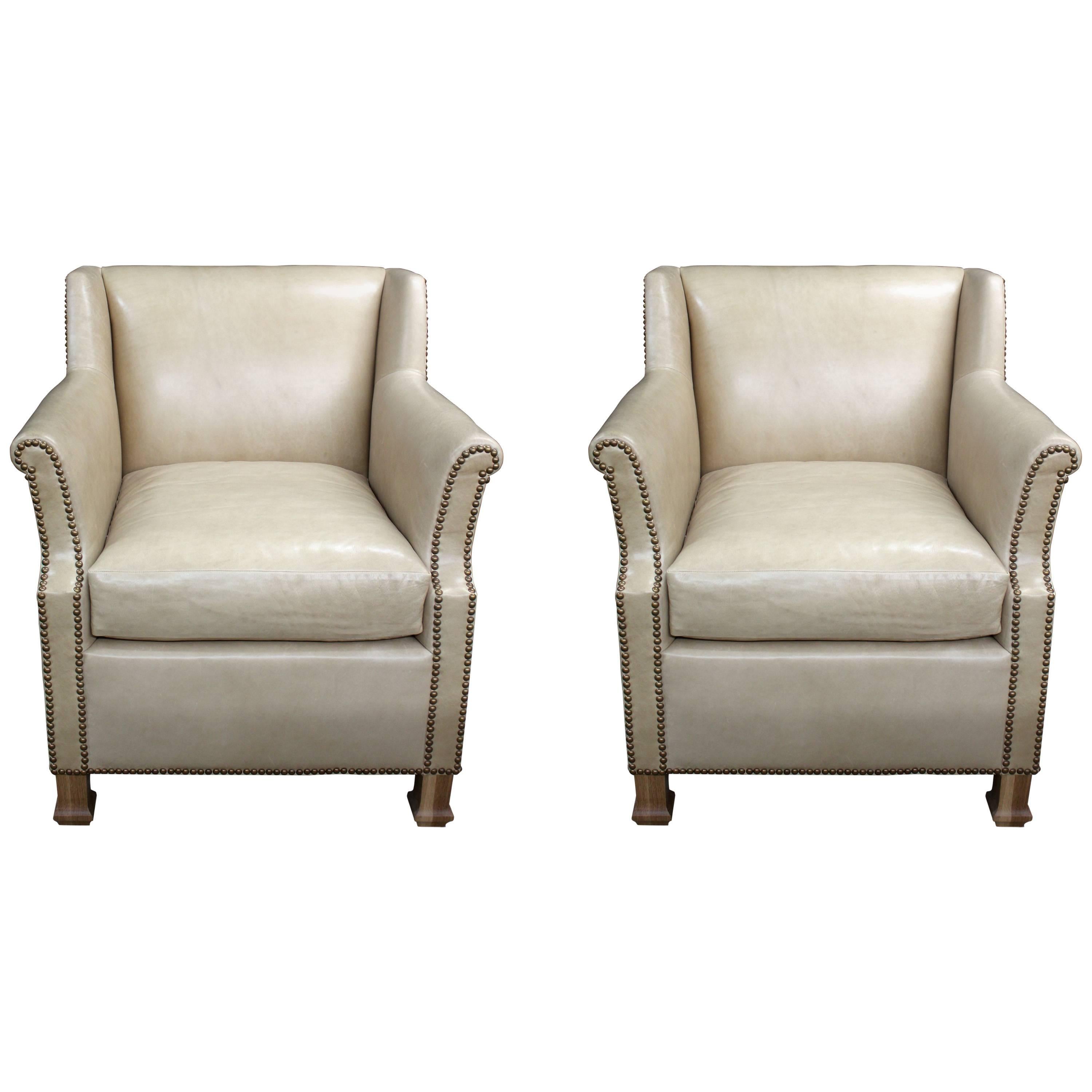 Pair of Custom Leather Club Chairs in a Butter Soft "cafe au lait" Leather