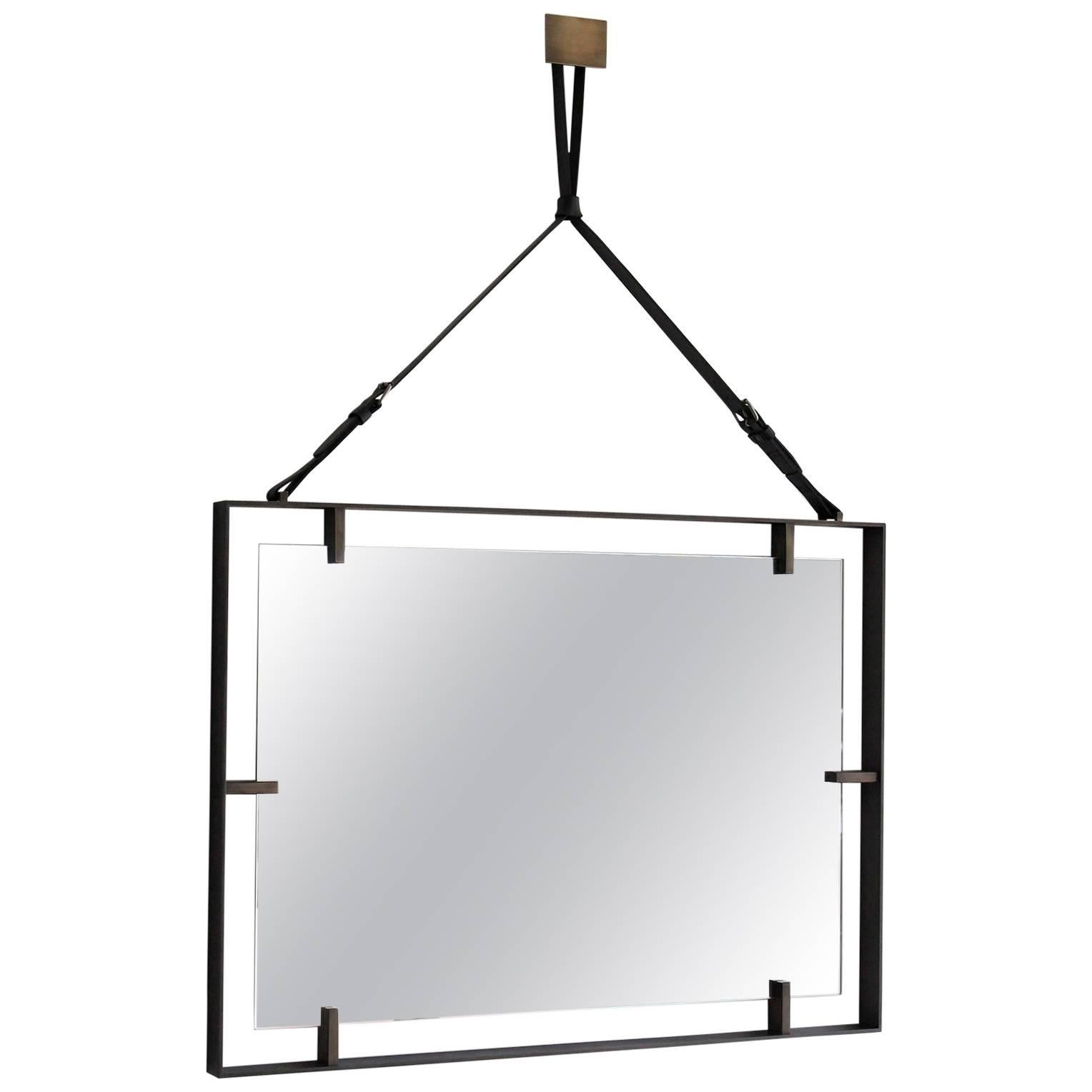 Rectangular Metal and Leather Mirror