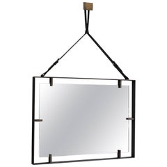 Miroir rectangulaire en métal et cuir