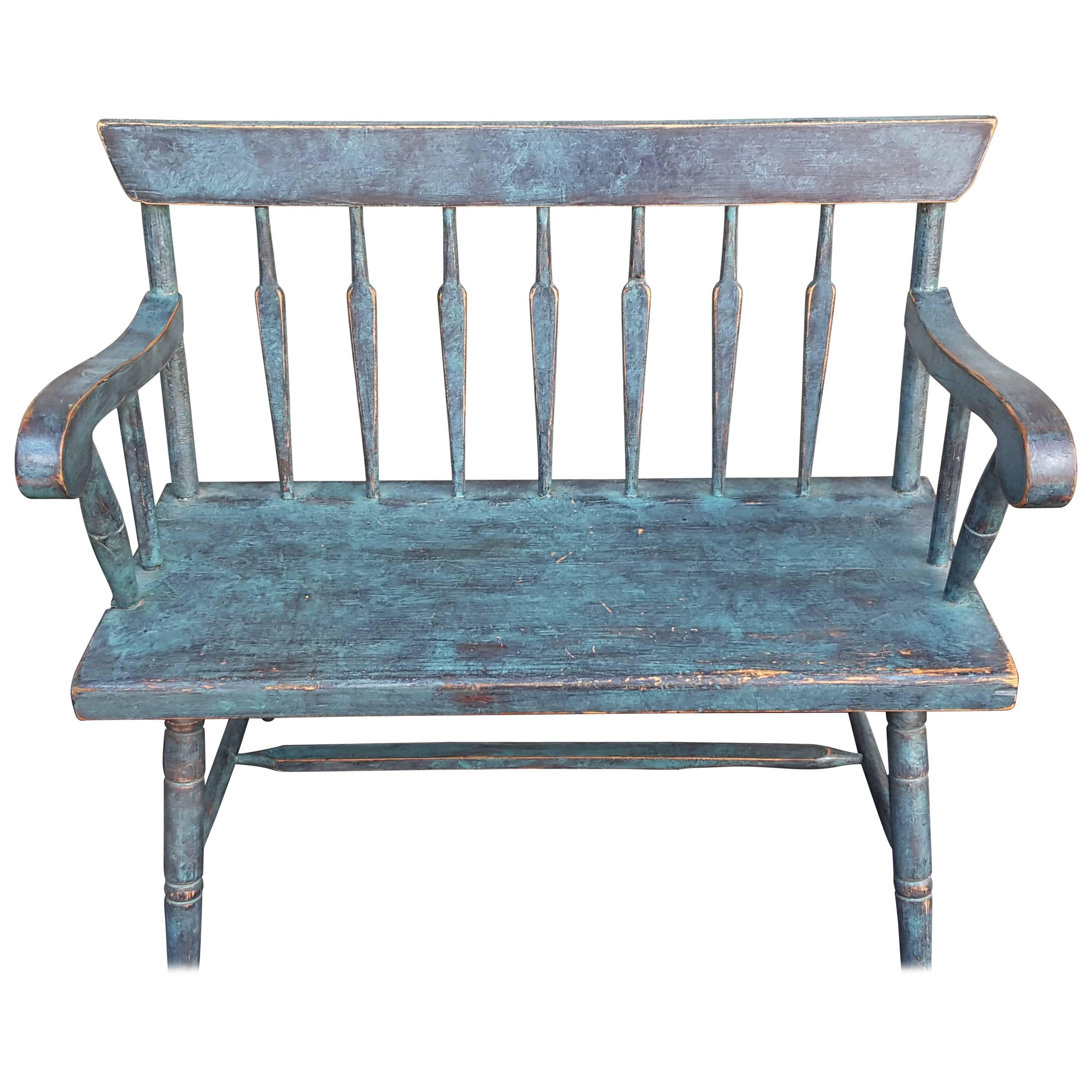 New England, Pine Spear Back Windsor Bench in Turquoise Blue, (Circa 1880)