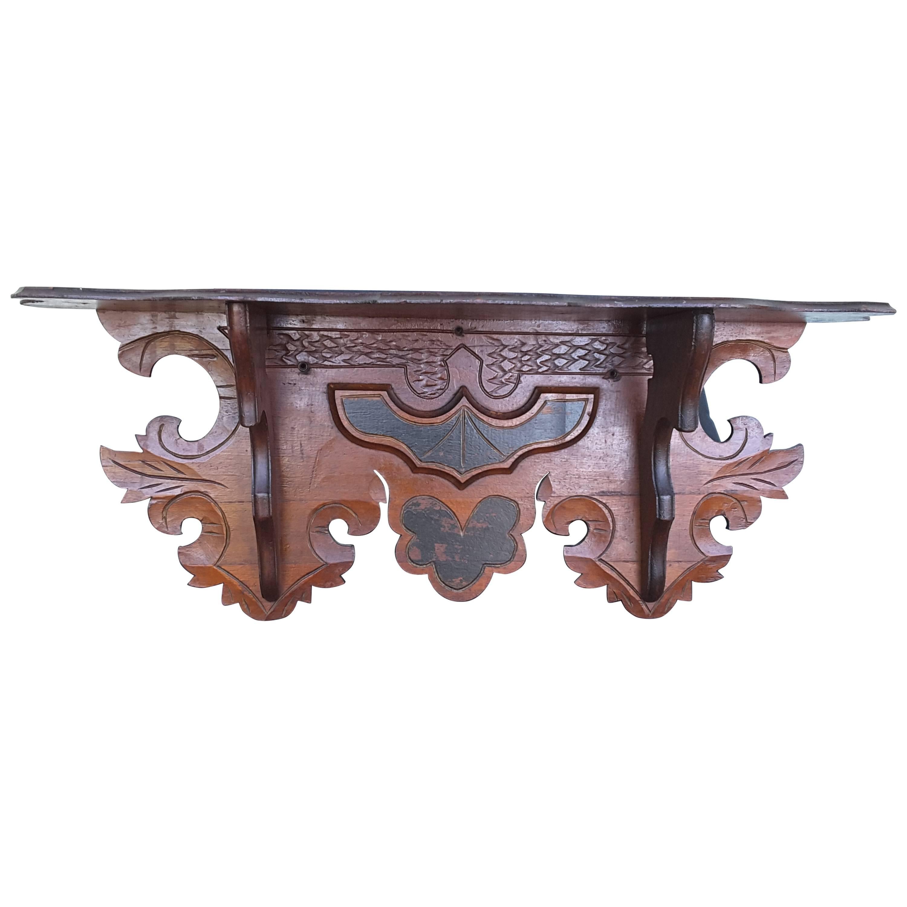 Edwardian Solid Walnut Carved Wall, Clock Shelf with Black Accented Highlights