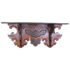 Antique Edwardian Solid Walnut Carved Wall, Clock Shelf with Black Accented Highlights