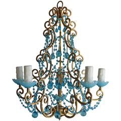 French Macaroni Beaded Aqua Blue Chandelier