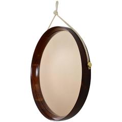 Round Italian Walnut and Brass Mirror with Nylon Cord, Made in Italy, 1960s 3