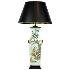 Large Chinese 19th Century Square Famille Rose Porcelain Vase as Table Lamp