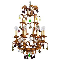 Eight-Arm Gilt Chandelier with Murano Colored Drops and Leafs, Italy, 1970s