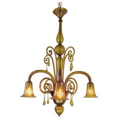 Vintage Art Deco Venetian Four-light Chandelier from Murano Amber Blown Glass 1930s