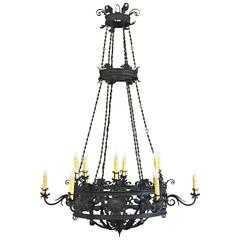 Antique Italian Grand Hand-Forged Wrought Iron Chandelier almost 7' Tall!