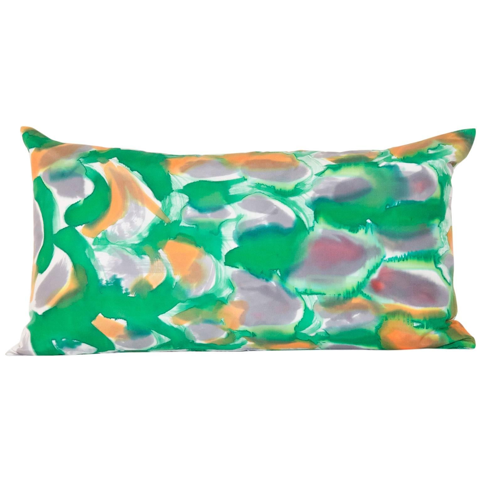 Hand-Painted Green Scales Silk Charmeuse Lumbar Pillow