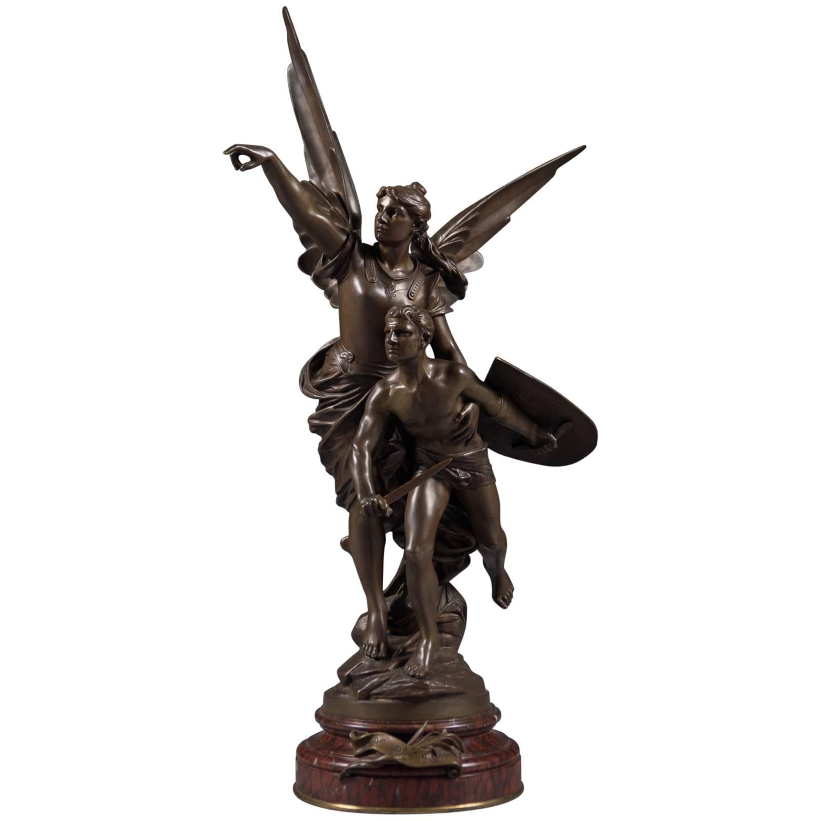 Fino grupo figurado francés de bronce patinado titulado Pro Patria, de Edouard Drouot