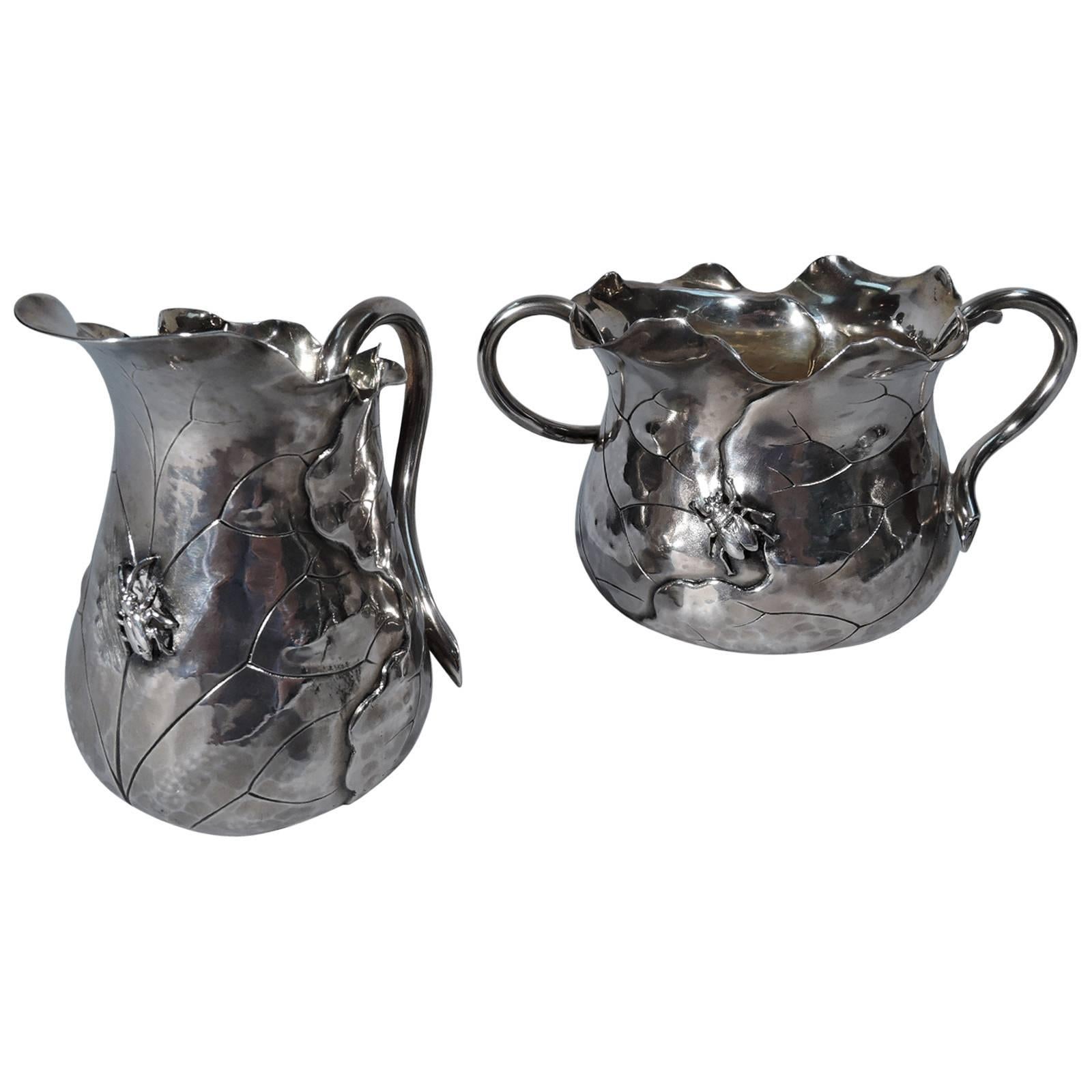 Shiebler Japonesque Sterling Silver Creamer and Sugar with Applied Bugs
