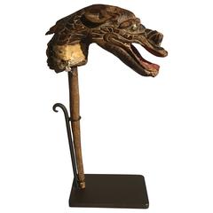 Tête de marionnette dragon en bois sculpté de la période japonaise Edo Mingei