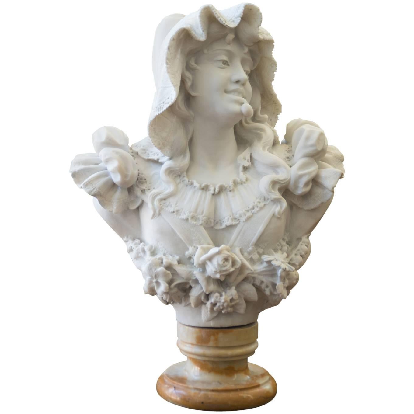 Antique Italian Carrara Marble Bust of a Young Lady
