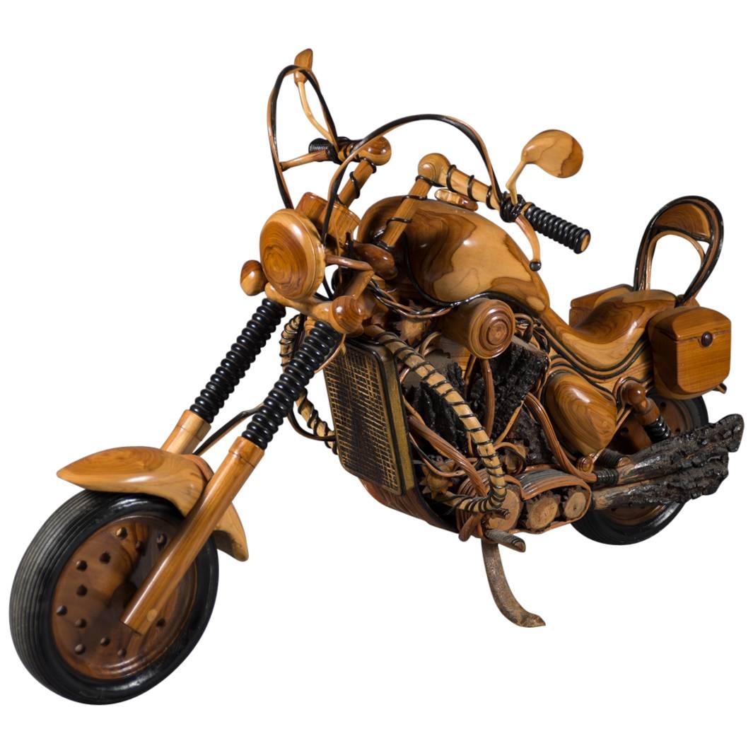 Vintage Carved Wood Model of a vintage Harley Davidson Chopper For Sale