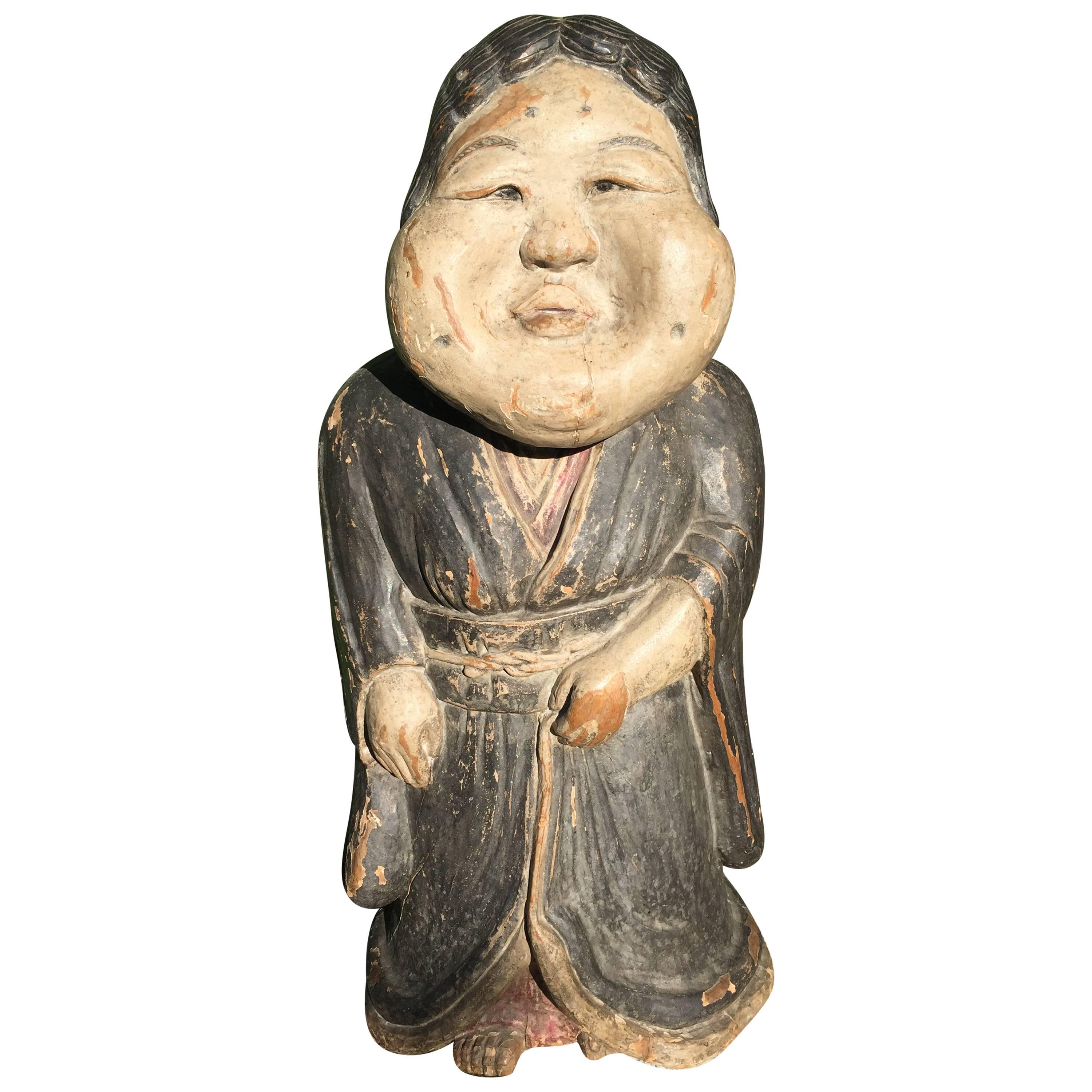 Japan Fine Old Hand carved Hand Painted Sculpture Okame "Woman of Joy"