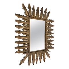 French Mid-Century Modern Neoclassical Gilt Iron Rectangular Sunburst Mirror