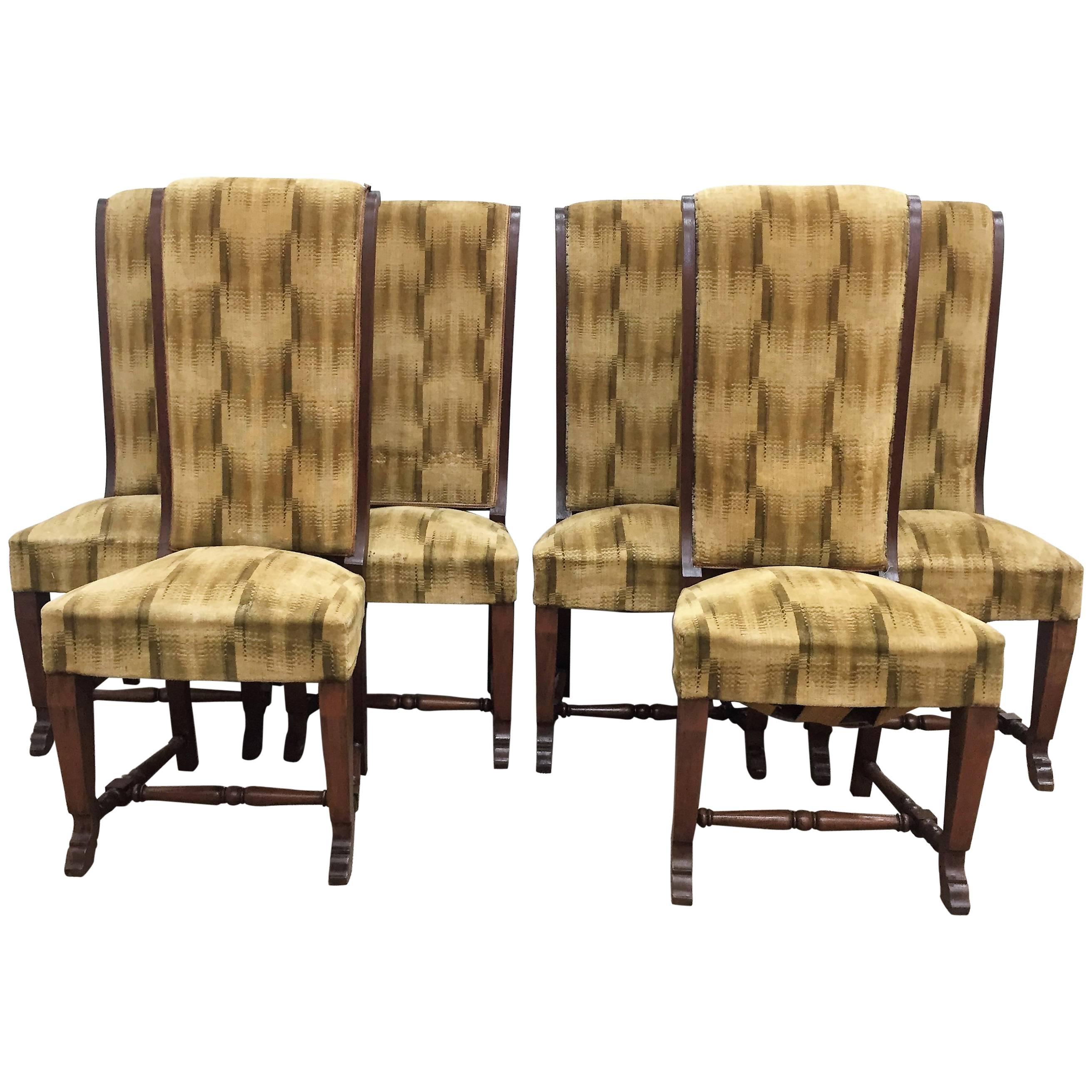 Six French Deco Dark Walnut Refinished Tall Back Dining Chairs