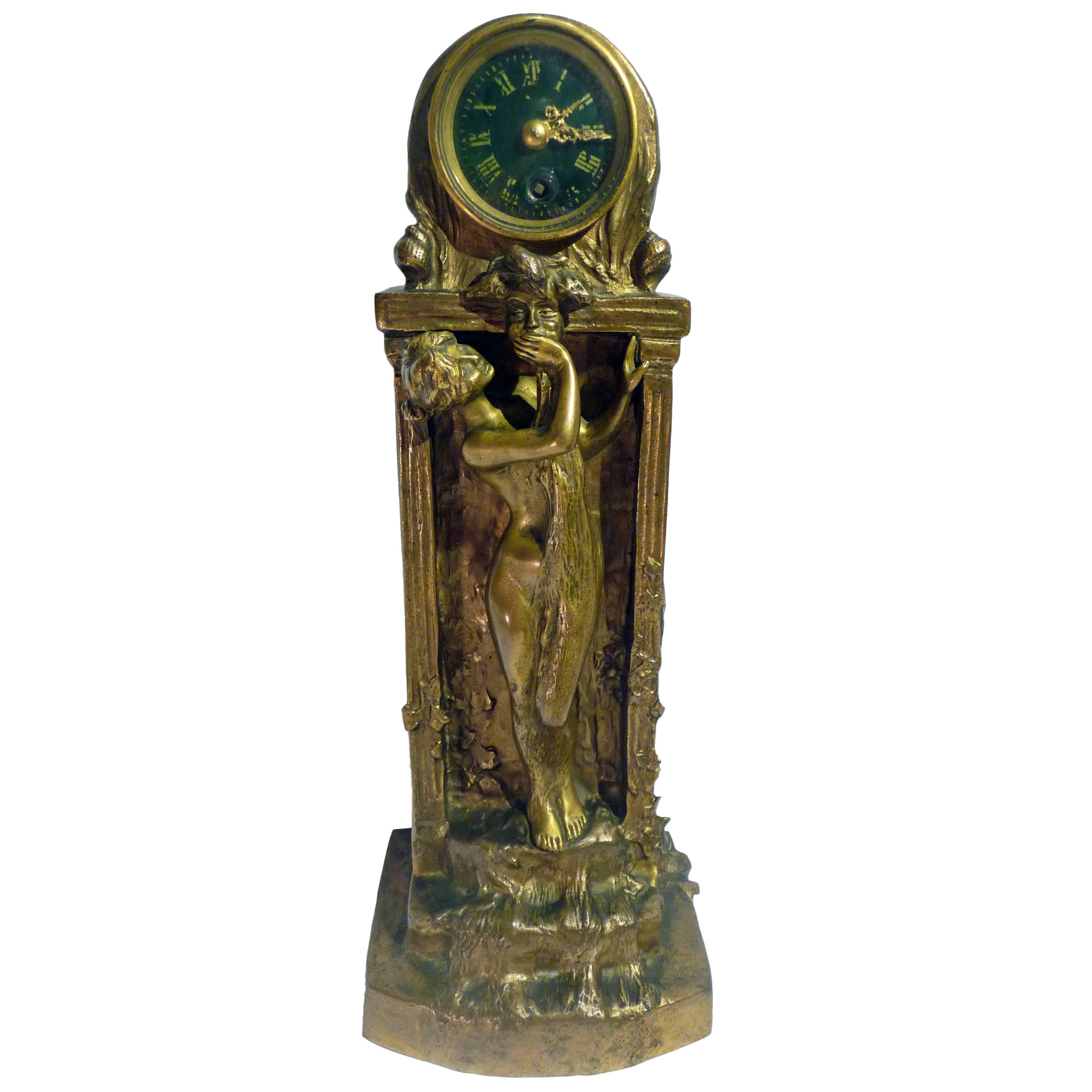 Charles Korschann, an Art Nouveau Two Patina Bronze Clock, 1897, Signed For Sale