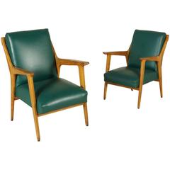 Two Armchairs Beech Foam Leatherette Vintage Manufactured in Italy, 1950s