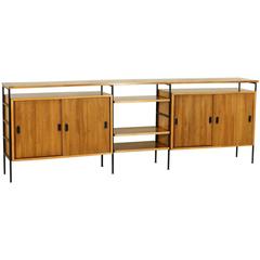 Sideboard Sliding Doors Open Shelves Metal Mahogany Veneer Vintage, Italy, 1950s