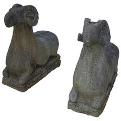 Antique Carved Stone Ram Entry Temple Statues