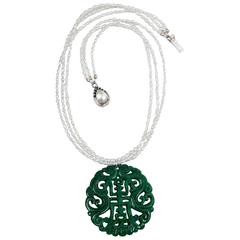 One of a Kind Silver Clasped Fresh Water Pearls and Jade Medallion "Long Life"