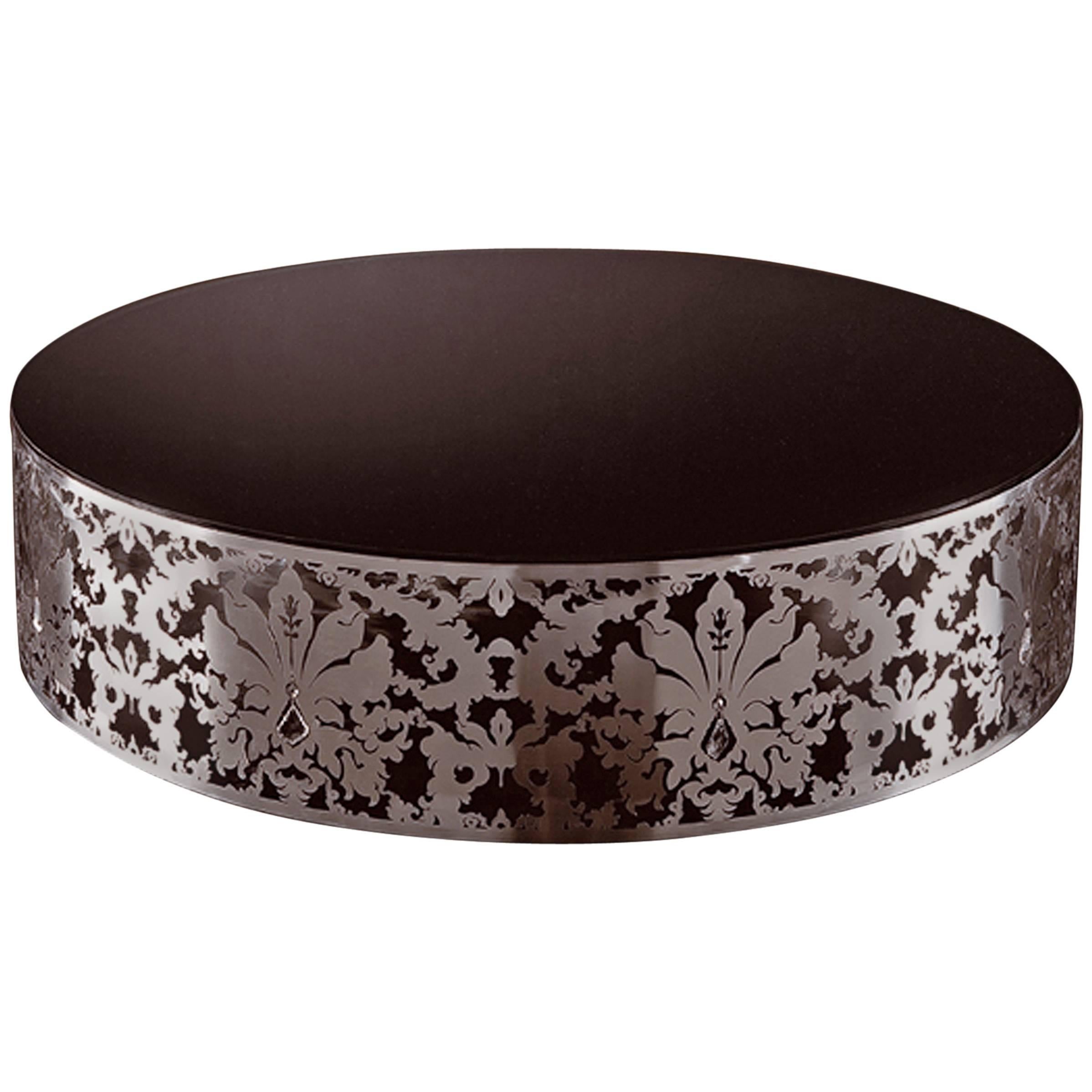 Table basse ronde Flora avec base en acier inoxydable et plateau en verre noir ou blanc en vente