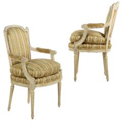 French Louis XVI Style Vintage Distressed Painted Fauteuils Armchairs