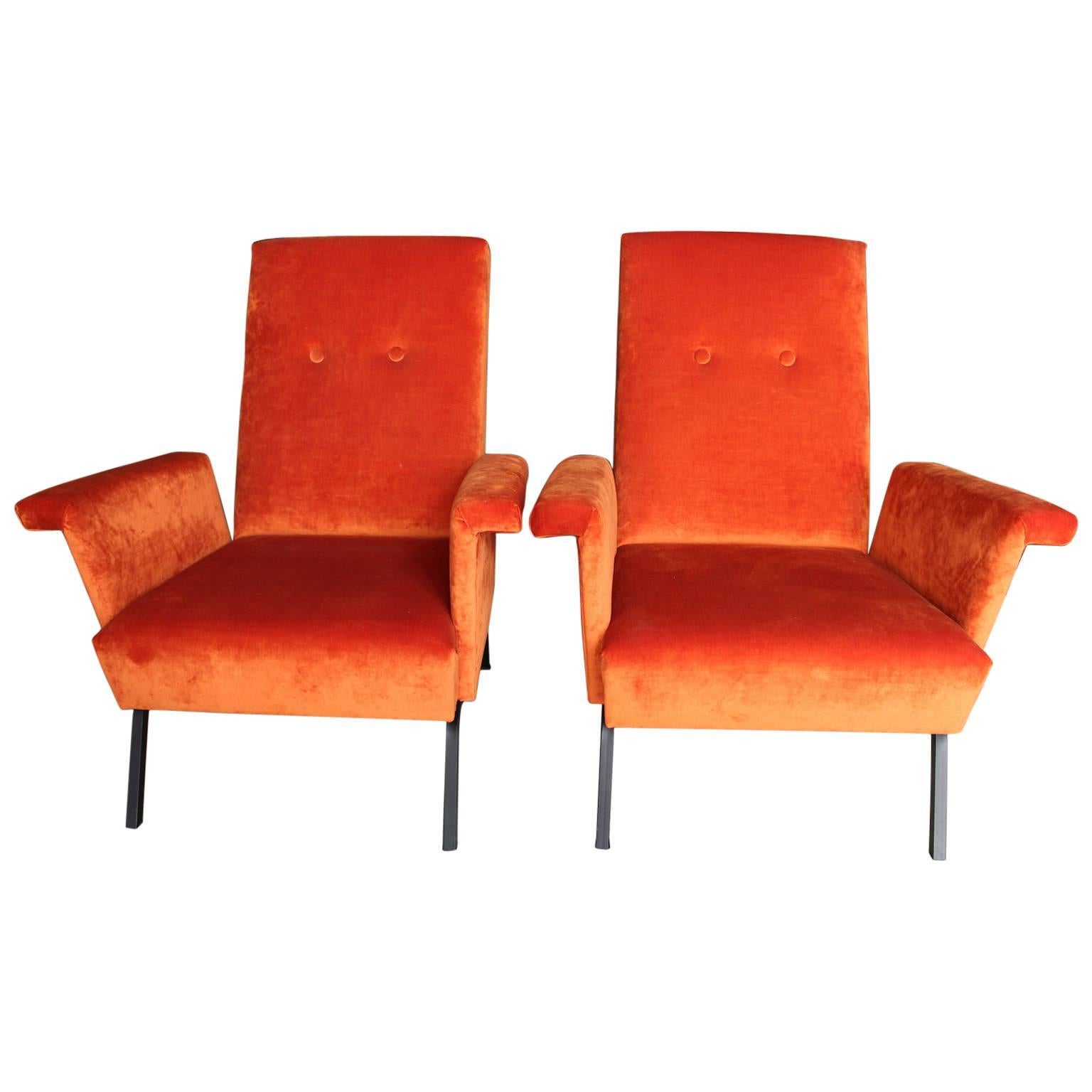 Pair of 1960s Armchairs in Orange Velvet For Sale