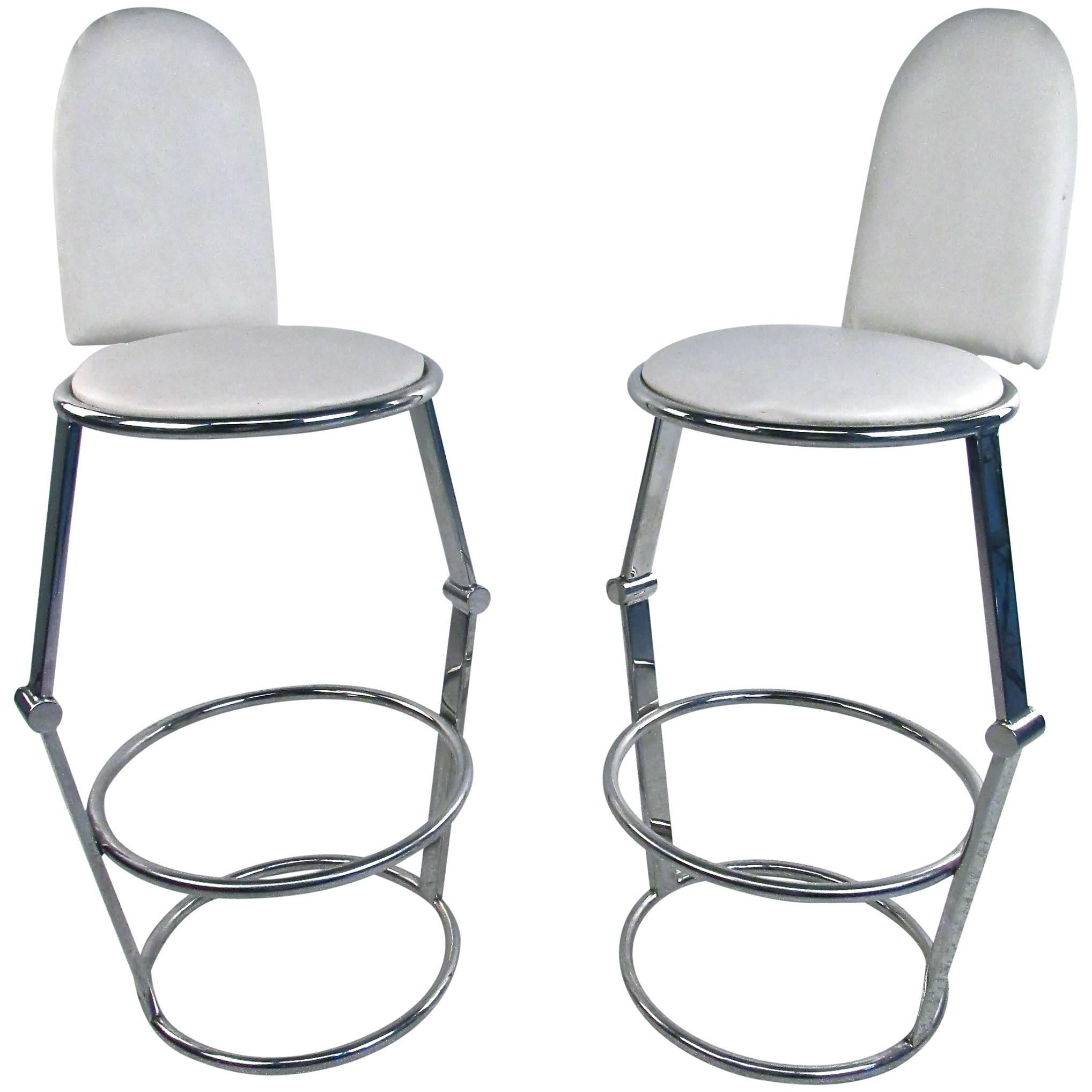 Pair of Mid-Century Style Chrome and Vinyl Bar Stools For Sale