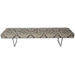 Mid-Century Long Bench with Ikat Print in the Style of Florence Knoll
